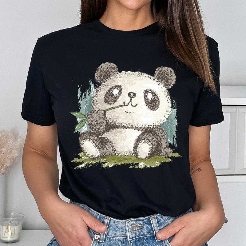 Cute Panda Print T-shirts For Women Summer Lovely Short Sleeve Casual Round Neck T-shirts Ladies Creative Personalized Tops