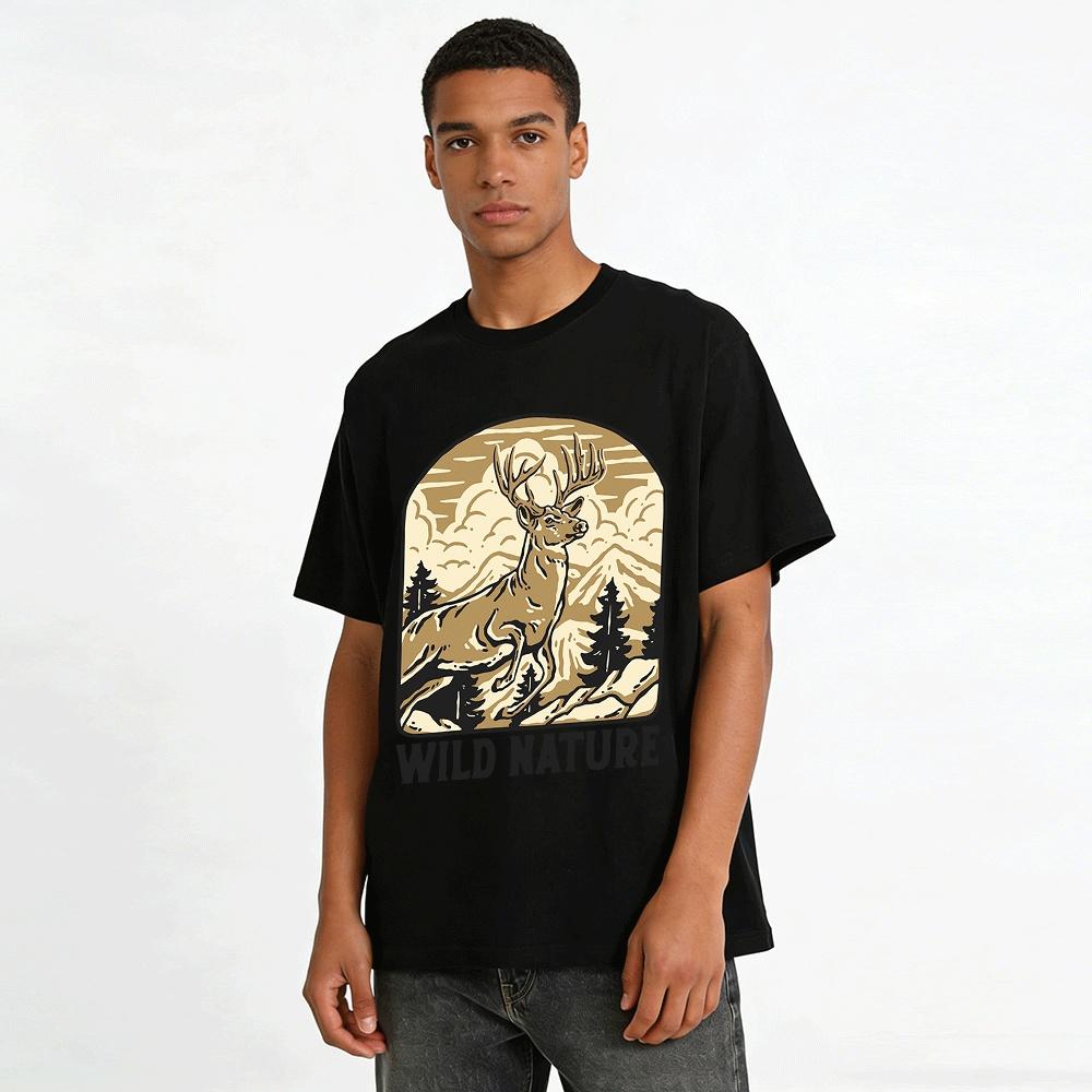 Wild Nature Vintage Buck Mountain Graphic Casual Tee Pure Cotton T-shirt