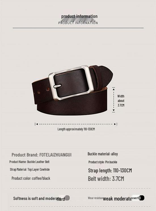 Men's Genuine Cowhide Leather Belt, Pin Buckle, Versatile and Retro Style for Casual Jeans