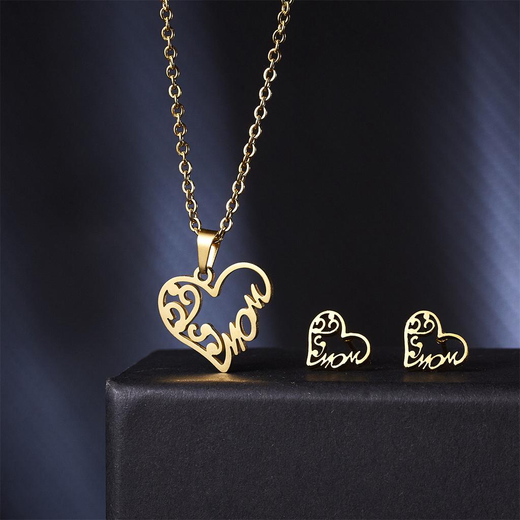 Stainless Steel Gold Color I Love MAMA Letter Necklace Earrings Set For Women Heart Mom Daughter Figure Mother's Day Jewelry Set