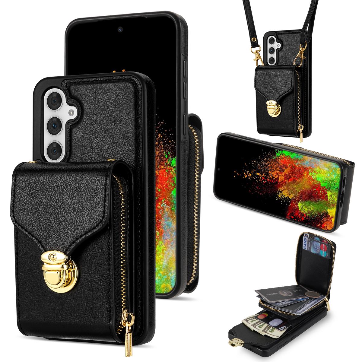 

For Samsung Galaxy S25+ Case Zipper Wallet Leather+TPU Phone Cover with Strap C
