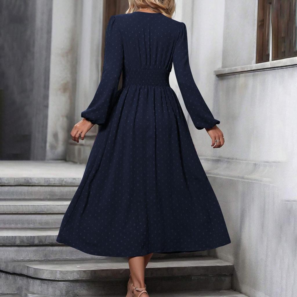 Damen Modisches Einfarbiges V-Ausschnitt Langarm Plissiertes Vielseitiges Kleid