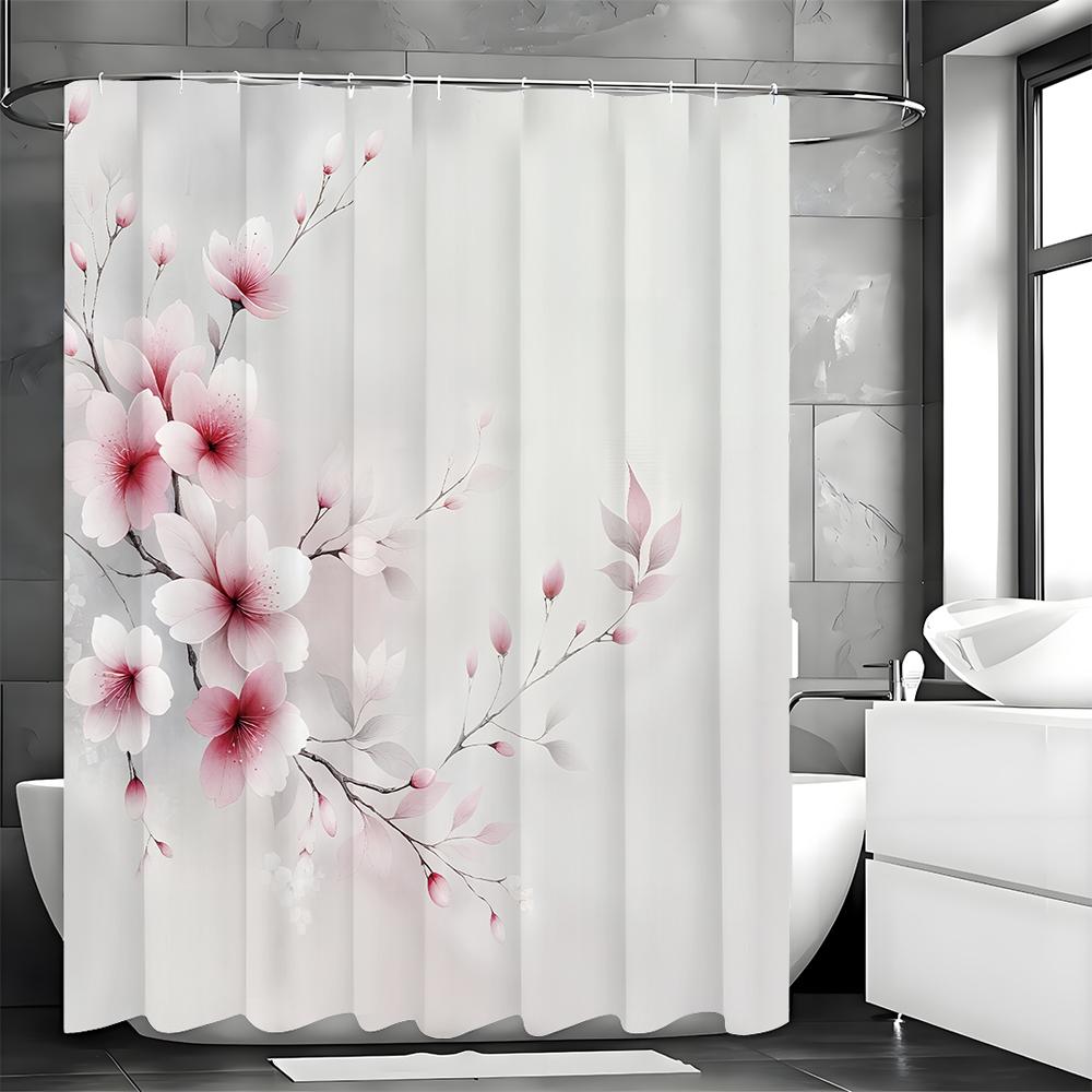 Peach Blossom Flower Shower Curtain, Bathroom Decorative Shower Curtain, Waterproof Shower Curtain with Hooks