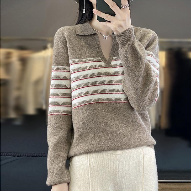 Lapel Contrasting Air Layer Cardigan for Women In Autumn and Winter New Loose and Versatile Cashmere Knitted Sweater Warm Base Shirt