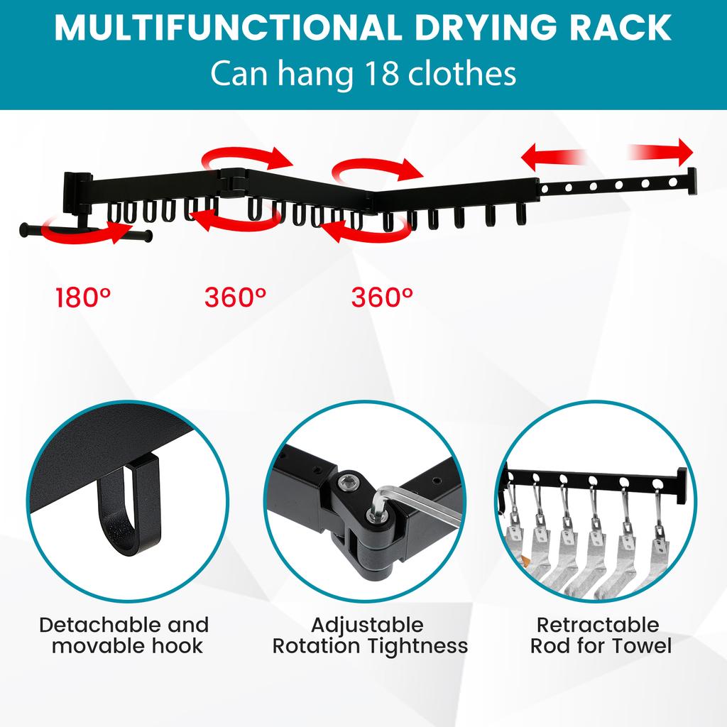 Folding Clothes Drying Rack 3 Fold Wall-Mounted Clothes Hanger Retractable Laundry Comforter Drying Rack with Extension Rod