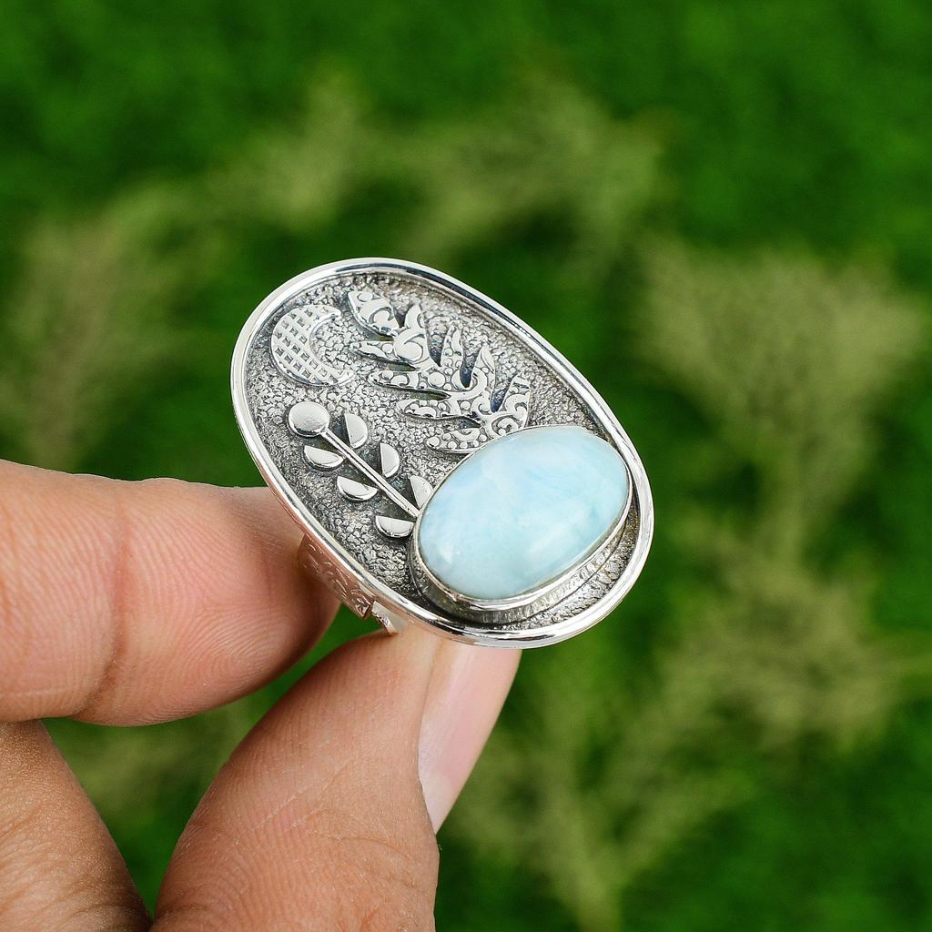 Birthday Gift For Her Natural Larimar Promise Adjustable Ring 925 Silver