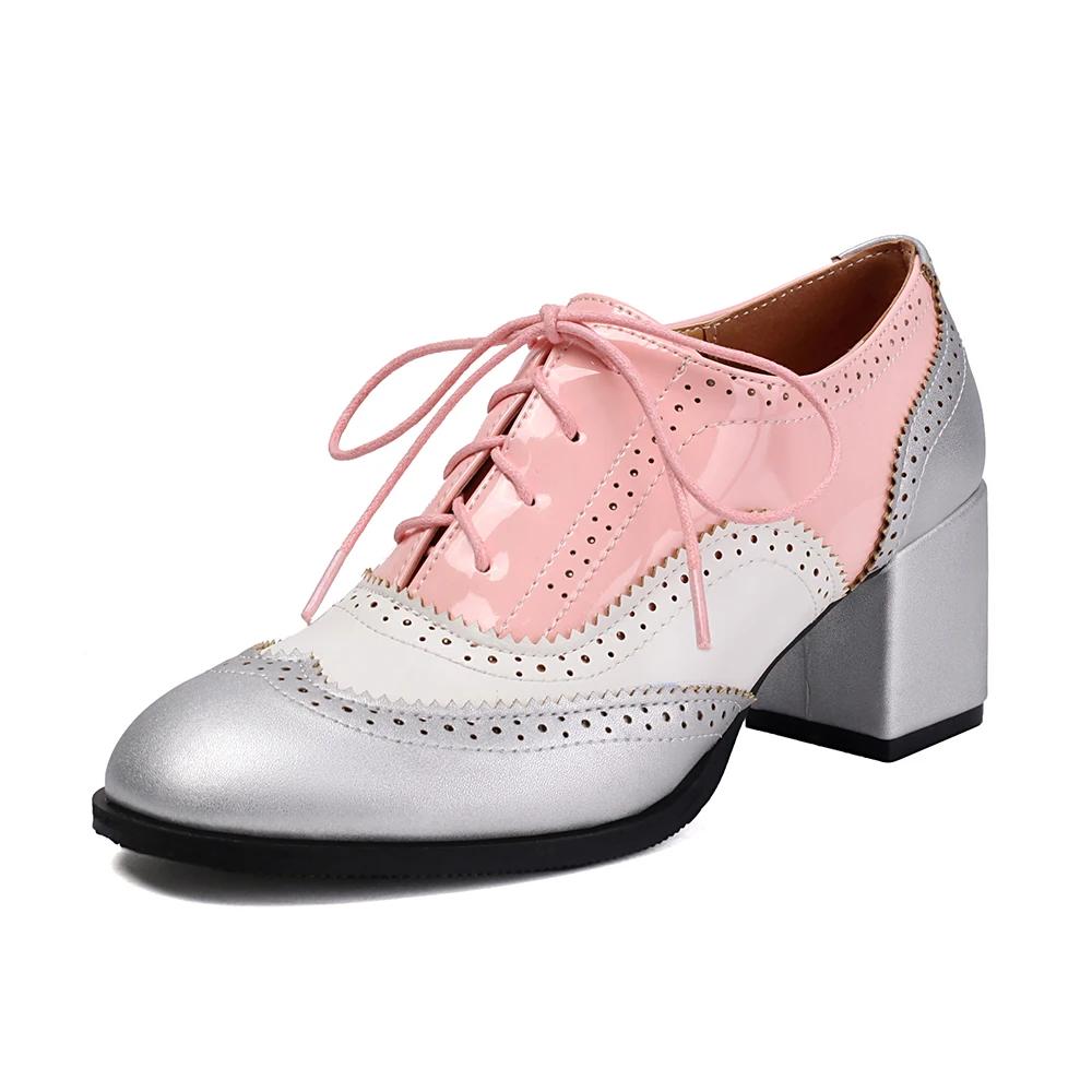 Vintage Casual Lace-up Shoes For Women Pumps Fashion Mixed Colors Women Lady PU Leather High Heels Single Shoe Big Size 34-46