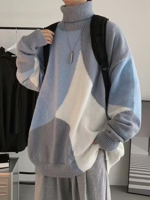 Men's Patchwork Contrast Pullover: Artistic High Neck Knitwear for Autumn/Winter