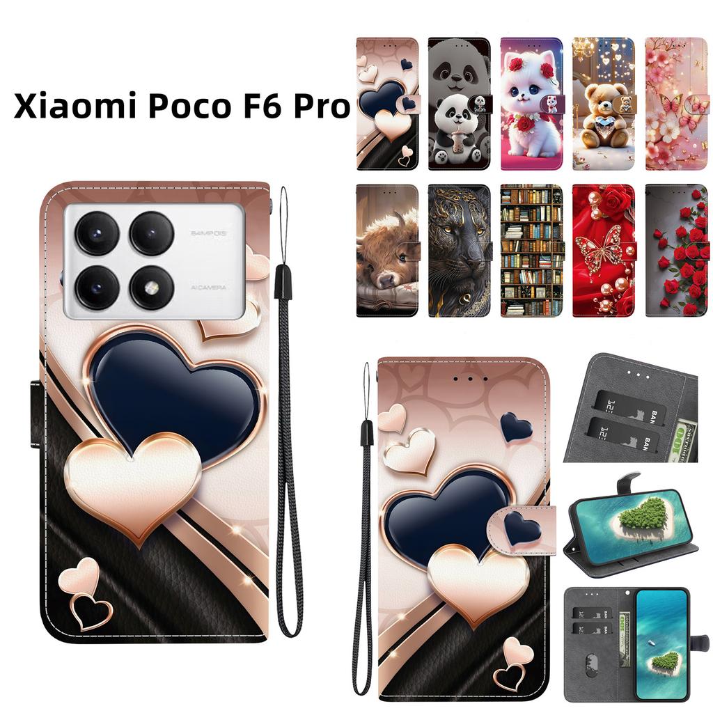 Handmade PU Leather Flip Case for Xiaomi Poco F6 Pro Anti-Slip Shockproof Cover with Wrist Strap & Heart/Rose Cat Designs
