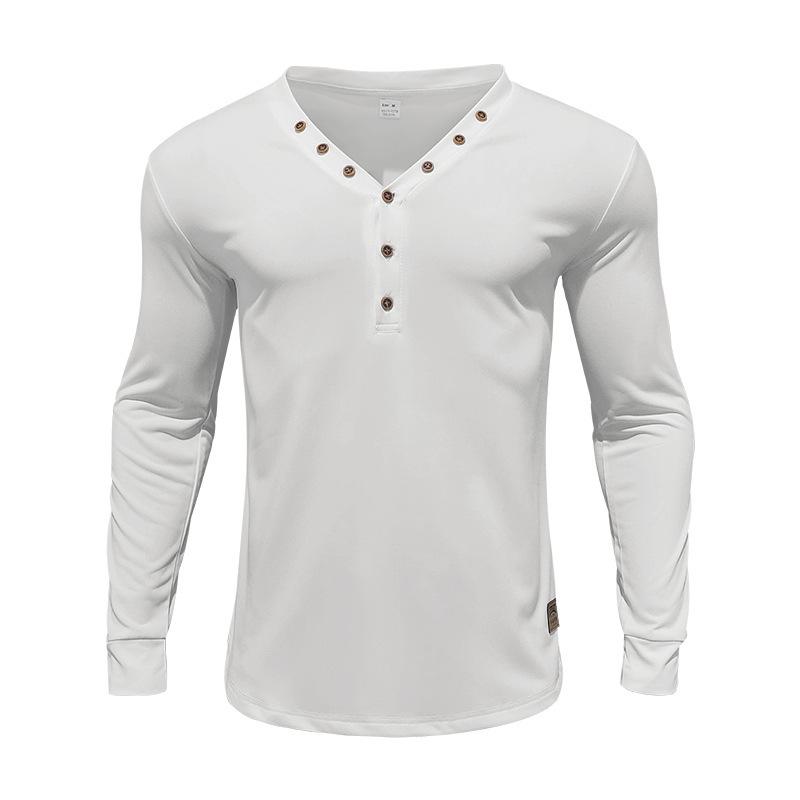 Men's Spring and Autumn Solid Color Men's T-shirt Long Sleeve Casual Slim Button-down V-neck Top