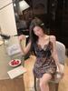 Sexy suspender ice silk nightdress two-piece set summer pure desire wind with chest pad silk back loungewear 1011 new