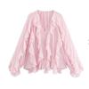 Women's V Neck Long Sleeve Ruffle Chiffon Blouse Loose Fit Lantern Cuff Single Breasted Flowy Shirt Spring Casual Top