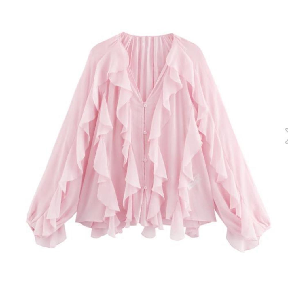 Women's V Neck Long Sleeve Ruffle Chiffon Blouse Loose Fit Lantern Cuff Single Breasted Flowy Shirt Spring Casual Top