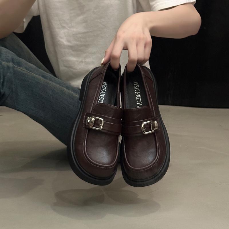 French brown retro thick-heeled loafers women's autumn 2025 new round head platform Mary Jane small leather shoes