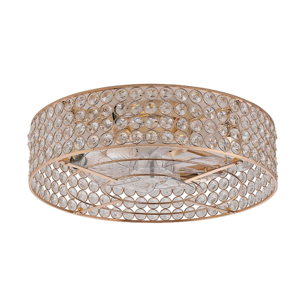 19-Inch Flush Mount Fan Light with Gold Crystals, ABS Blades, Dual Control Via App and Remote Control, 6 Speed Settings, Low-Ceiling Spaces
