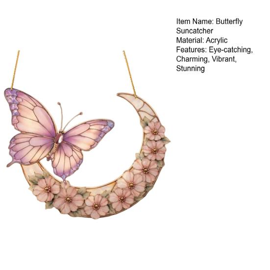 Moon Butterfly Flowers Acrylic Suncatcher Stained Glass Style Pink Window Hanging Decoration for Indoor Outdoor Garden Home Decor