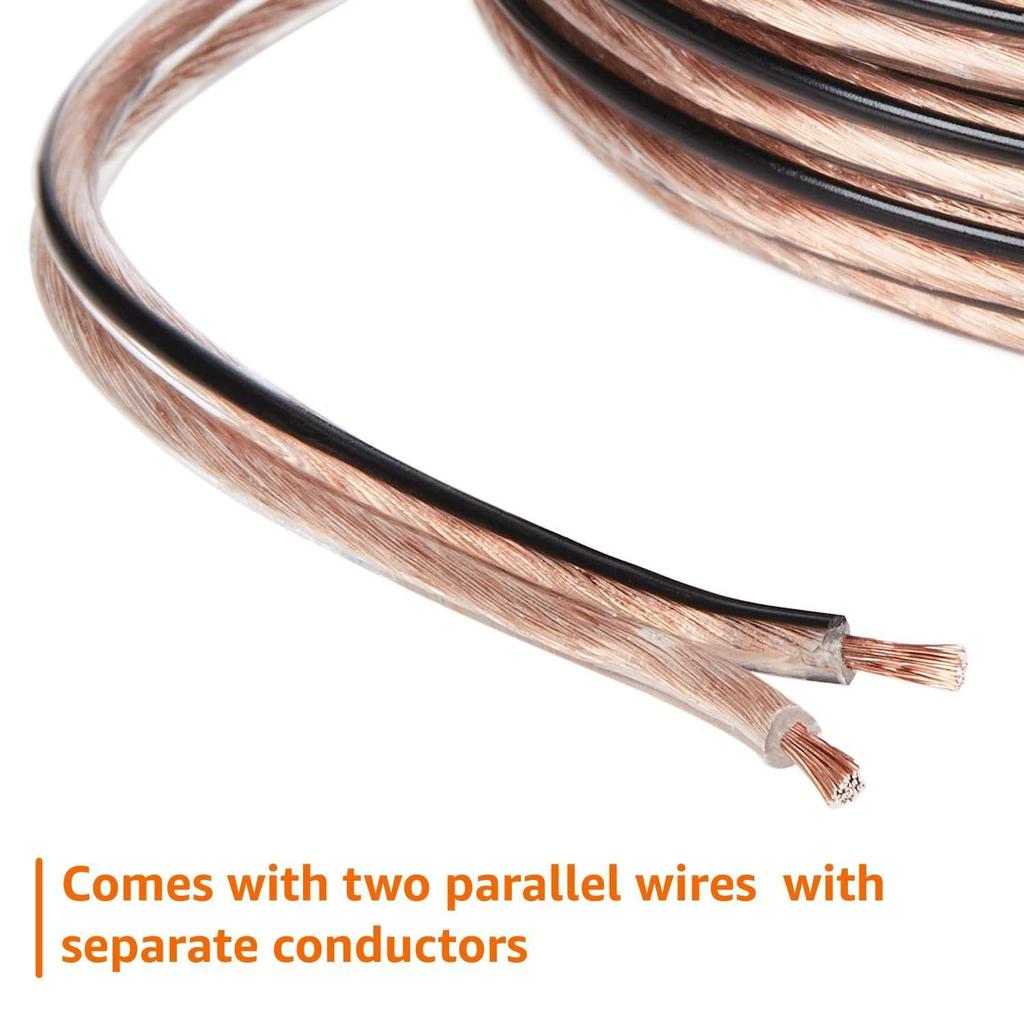 16-Gauge/AWG Speaker Wire, Oxygen-Free Copper, Two Conductors, Audio Speaker Cable for Car, Stereo, Subwoofer  (50 Feet, Copper, Transparent)