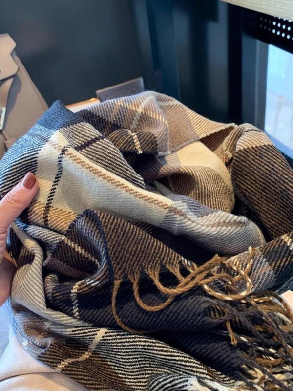 Sciarpa invernale scozzese per donna - Scialle con nappe in stile coreano in imitazione cashmere