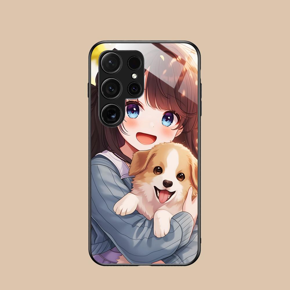 Girl Dog Puppy Glass Mobile Phone Case for Samsung Galaxy A56 55 54 53 52 51 36 35 34 23 16 15 5G Colorful Cover