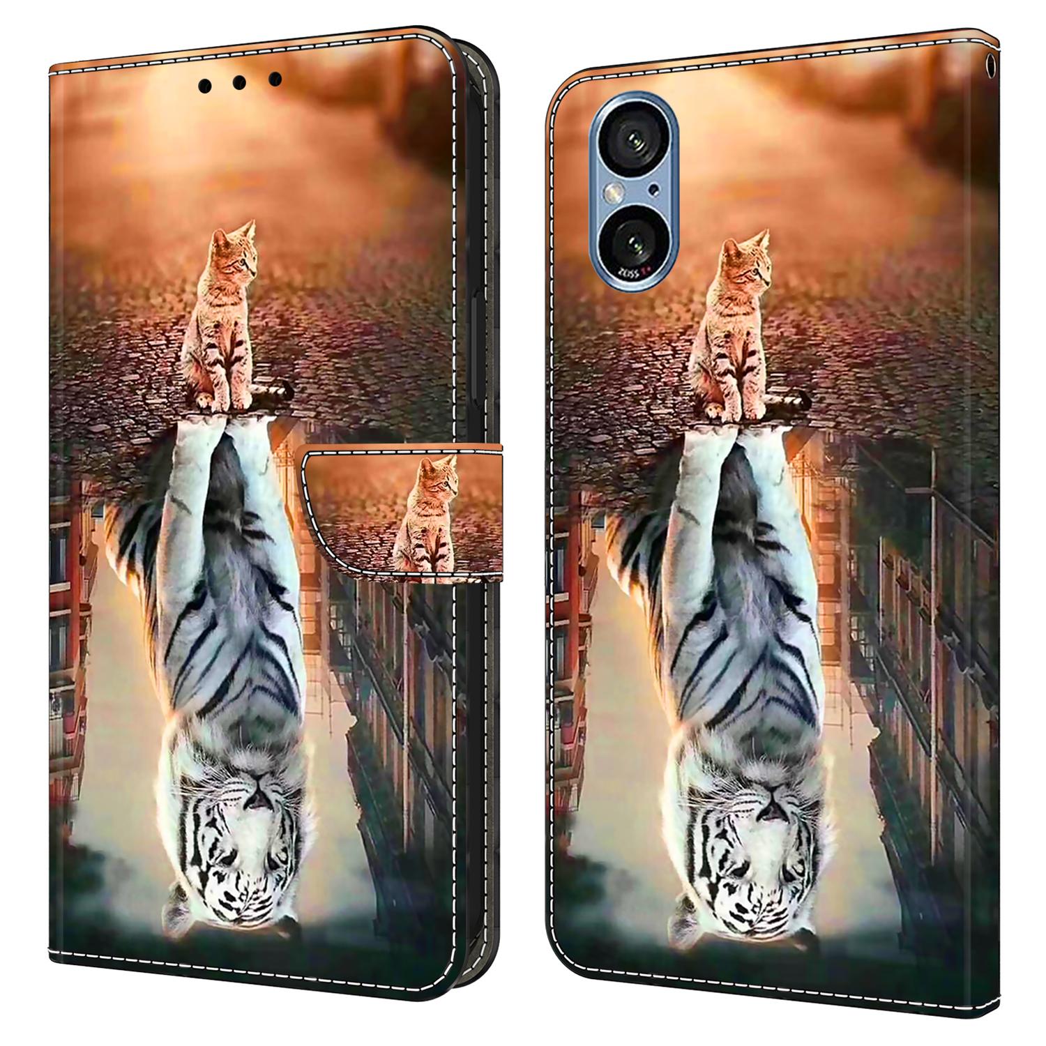 

For Sony Xperia 5 V Case Magnetic Clasp 3D Pattern Leather Wallet Phone Cover Cat and Tiger
