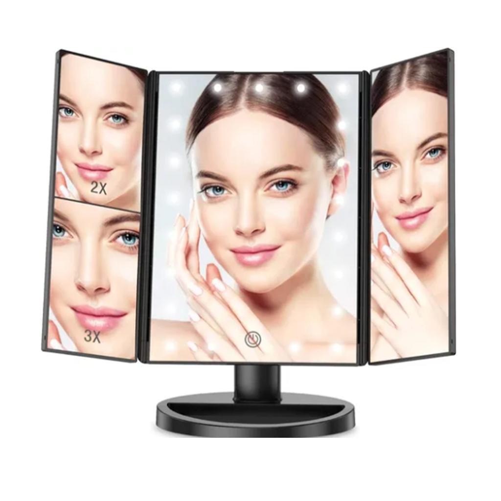LED Vanity Mirror Three Fold USB Black with Data Cable Small Mirror Makeup Mirror for Bedroom Daily