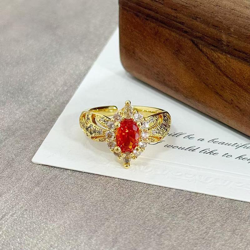 Medieval Vintage Orange Red Zircon Inlaid Simple Open Ring Female Retro Flower Temperament Niche Index Finger Ring