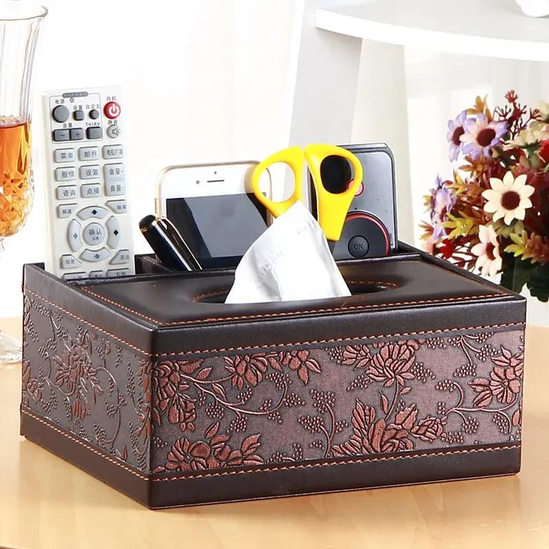 PU Leather Tissue Box Cover Desk Makeup Cosmetic Organizer Remote Controller Phone Holder Home Office Tissue Paper Napkin Holder