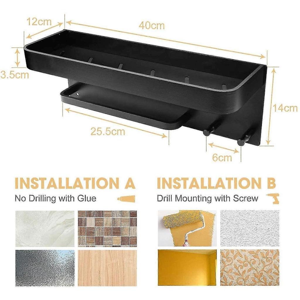 Black Shower Shelf, No Drilling Shower Shelf With Towel Rail And Hook, Aluminum, Rust Proof, For Bathroom And Kitchen