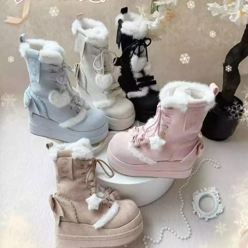 Winter Plateau Schneestiefel Für Damen Designer Keilabsatz Plüsch Warme Baumwollschuhe Für Damen Mode Süß Niedlich Schleife Lolita Stiefeletten