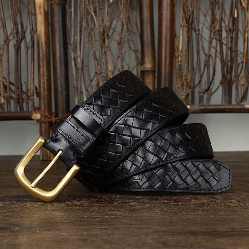 Pásek Pánský trendy retro a módní opasek první vrstvy z čistého dobytku Tkaná kůže Mosazná přezka Tkaný denim