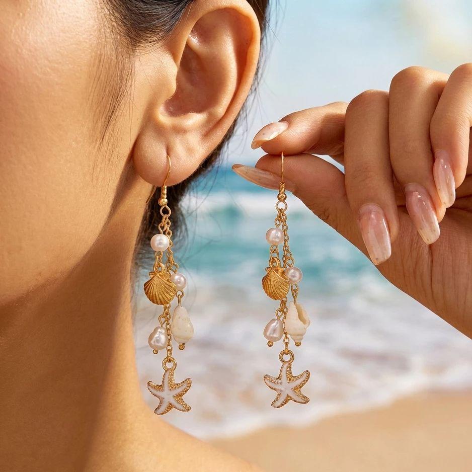 Bohemia Long Tassel Earrings for Women Gold Color Starfish Shell Pearl Drop Earring Summer Beach Vacation Jewelry Accessories