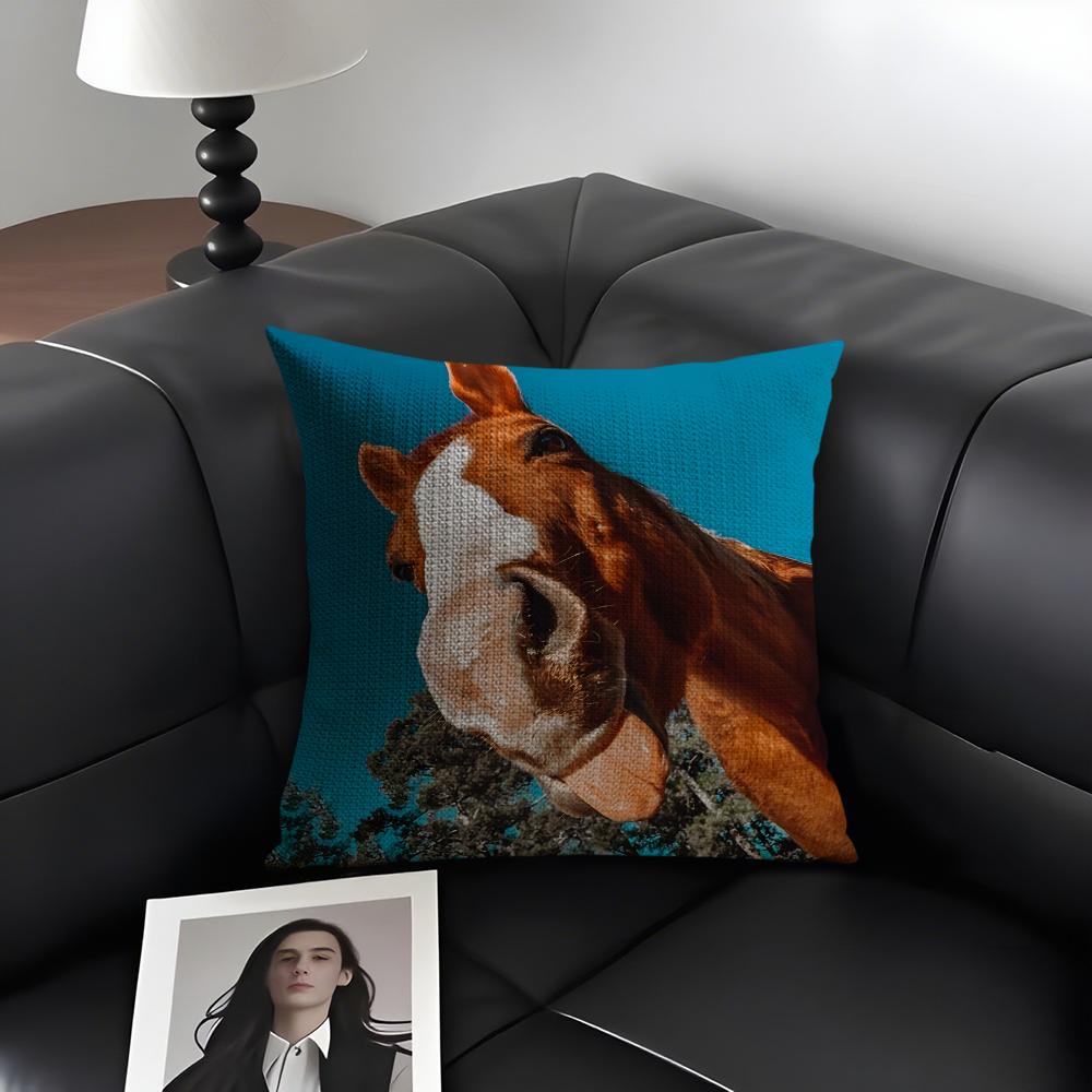 Funny Expressions Horse Cushion Cover Natural Linen Organic Fabric Double-Sided Printing Sofa Home Decor Gift Pillow Case