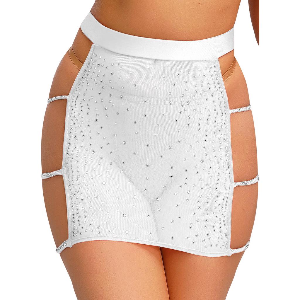 Womens Sparkly Rhinestone Mesh Miniskirt Elastic Waist Side Cutouts Bodycon Design See Through Club Skirt