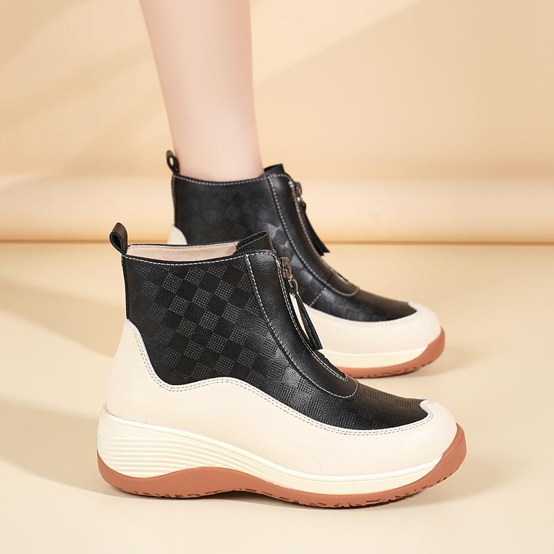 Chaussures de Sport à Plateforme pour Femmes Décontractées Bottines Noires en Cuir Chaussures à Semelle Compensée Baskets Hautes à Hauteur Augmentée