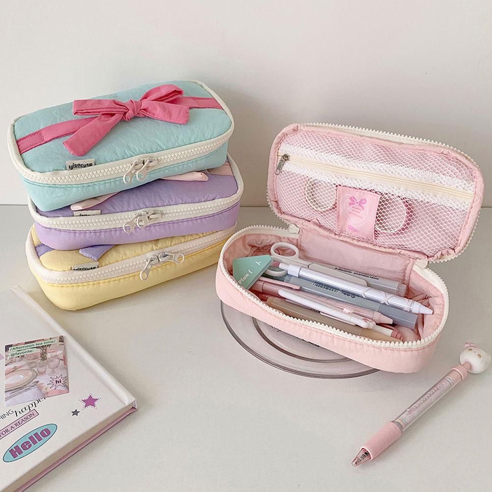 Sweet Bow Cosmetics Bag Pencil Case For Student Cute Korean Pencil Pouch Large Capacity Stationery Storage Bag Travel Supplies
