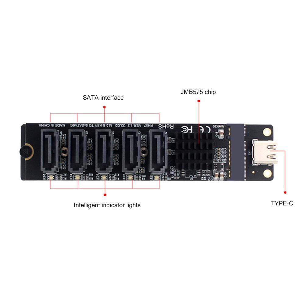 Carte Adaptateur Type C vers 5 Ports SATA 3.0 6Gbps Puce JM575+JMS580 Carte Convertisseur Extenseur Type C vers 5 Canaux SATA 3.0 pour Ordinateur PC