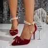 Fashion Women Sex Sandals 2025 Red Wedding High Heels Shoes Female Shallow Mouth Bow Pearl One Two Wear Bride Shoes Sandalias De Mujer