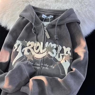 Men Fashion Embroidery Zip Up Hoodies Women Autumn Long Sleeve Tops Loose Hood Shirt Harajuku Y2K Clothes Female Sweatshirt Jacket