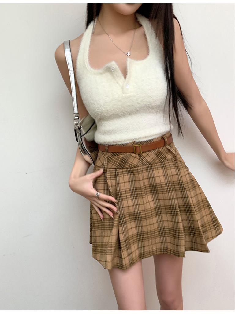 

High-Waisted Plaid Wool A-Line Skirt with Anti-Exposure Pleats - Spring/Summer Collection Medium