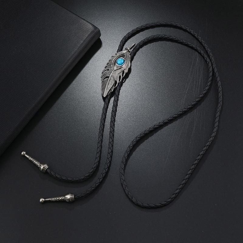 2Pcs Cowboy Bolo Tie Necktie Vintage Leather Braided Rope Necklace with Metal Flower Stone Pendant Jewelry Shirt Chain