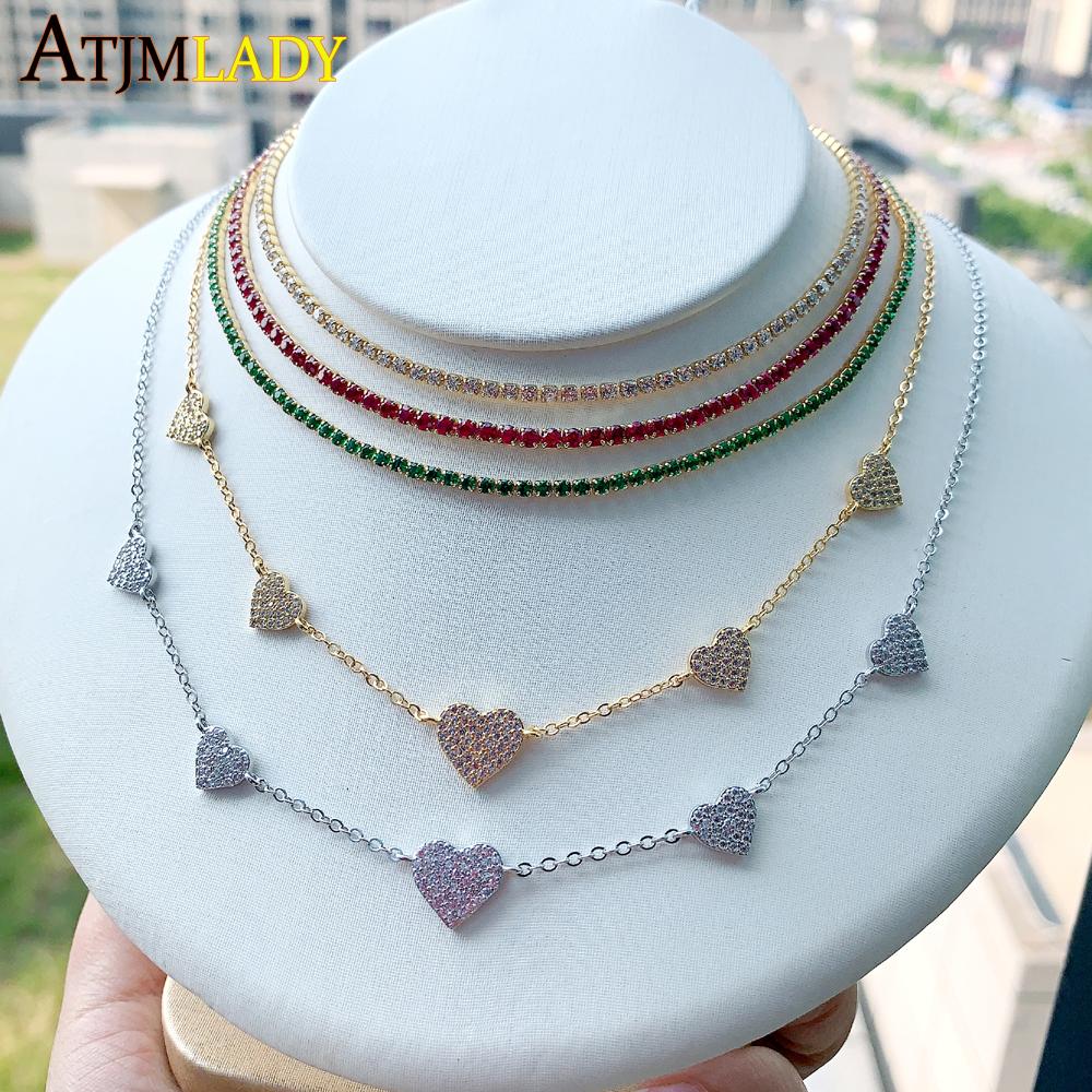 New High Quality Micro Pave White CZ Heart Charm Link Chain Necklace Minimal Delicate Lover Girlfriend Fashion Jewelry