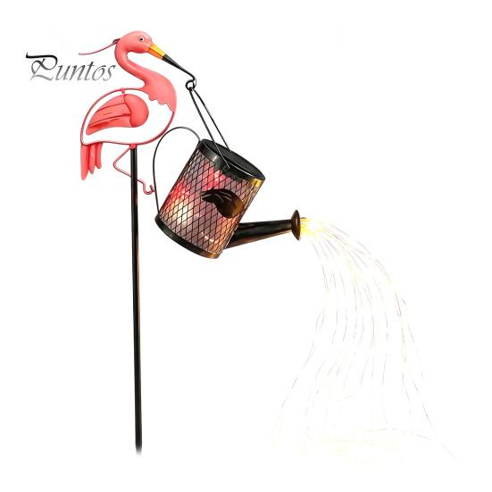 Romantic Garden Path Decor Flamingo Statue with Solar Watering Can Lights, Decorative Iron Weather Resistant Yard Decorations Outdoor Lawn Ornament