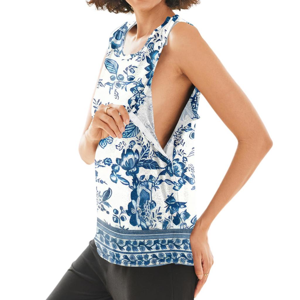 Damen Adaptive Kleidung Schulter-Erholungsshirt Reißverschluss vorne Ärmellos Florales Muster Oberteil zum einfachen Anziehen