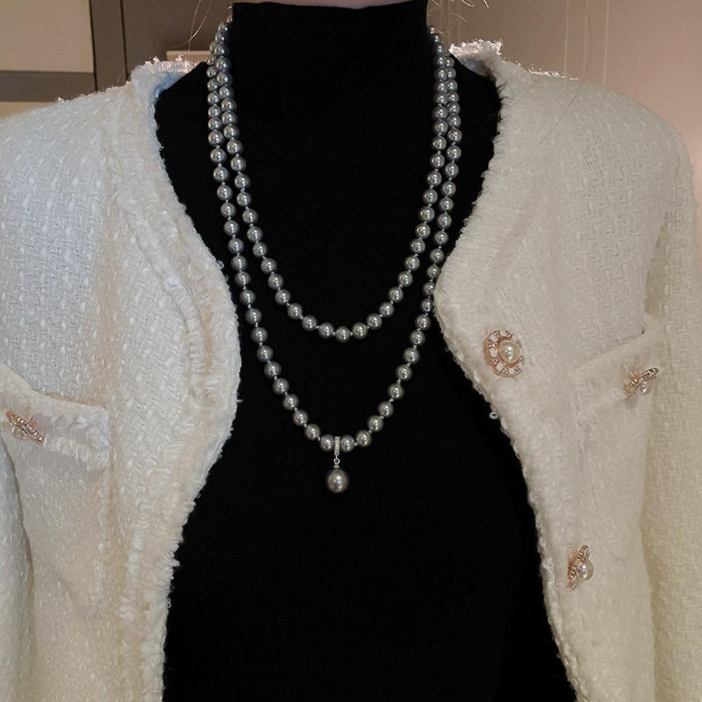 Diamond-encrusted Flower Geometric Pearl Necklace Temperament Light Luxury Sweater Chain French Retro Necklace Autumn and Winter