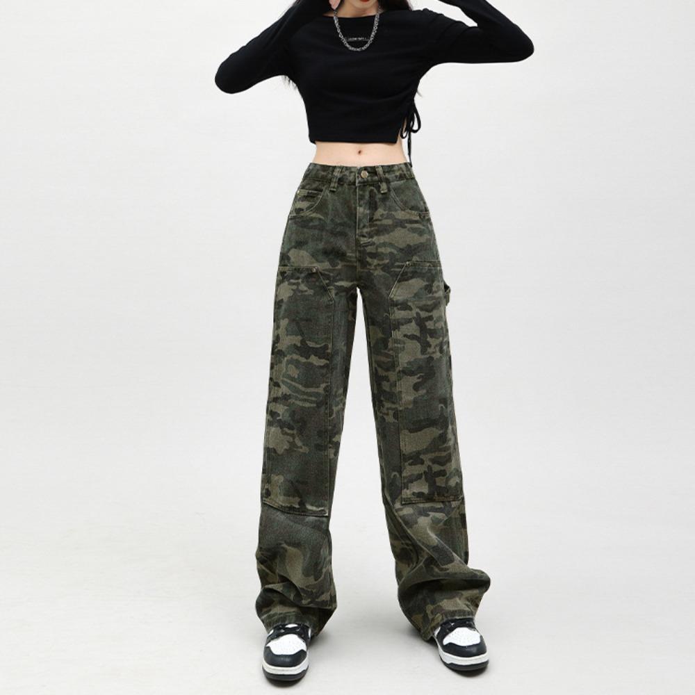Trend camouflage tooling washed pants women's 2025 summer street hip hop loose wide-leg casual jeans