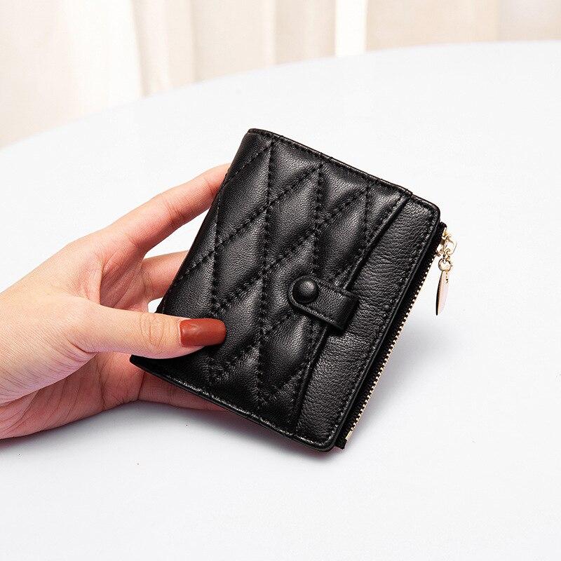 

Женский кошелек из натуральной кожи, компактный ромбовидный короткий чехол для карт из овчины, тонкий милый кошелек для монет, 2021 чёрный