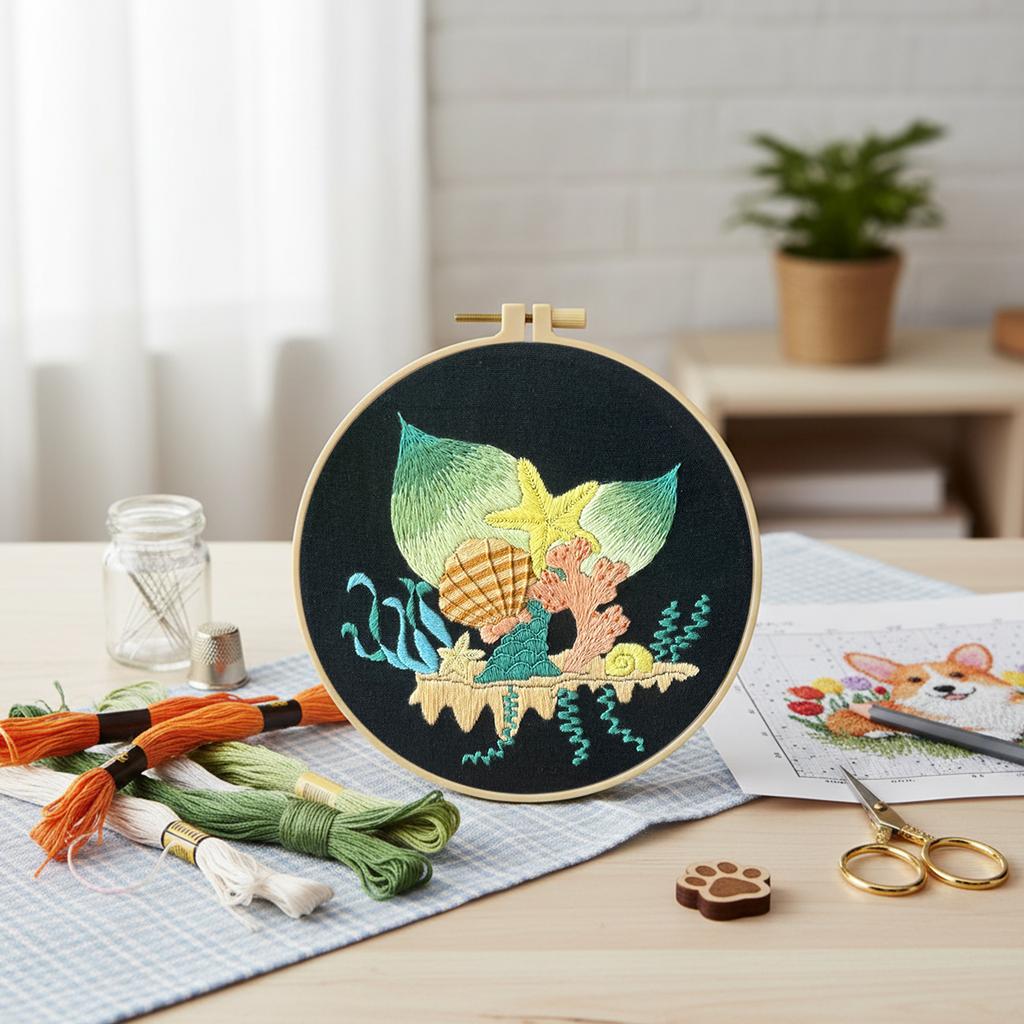 Ocean Scenery DIY Stamped Embroidery Stitches Practice Kit 30x30cm Embroidery Starter Kit with 20cm Embroidery Hoop for Adults