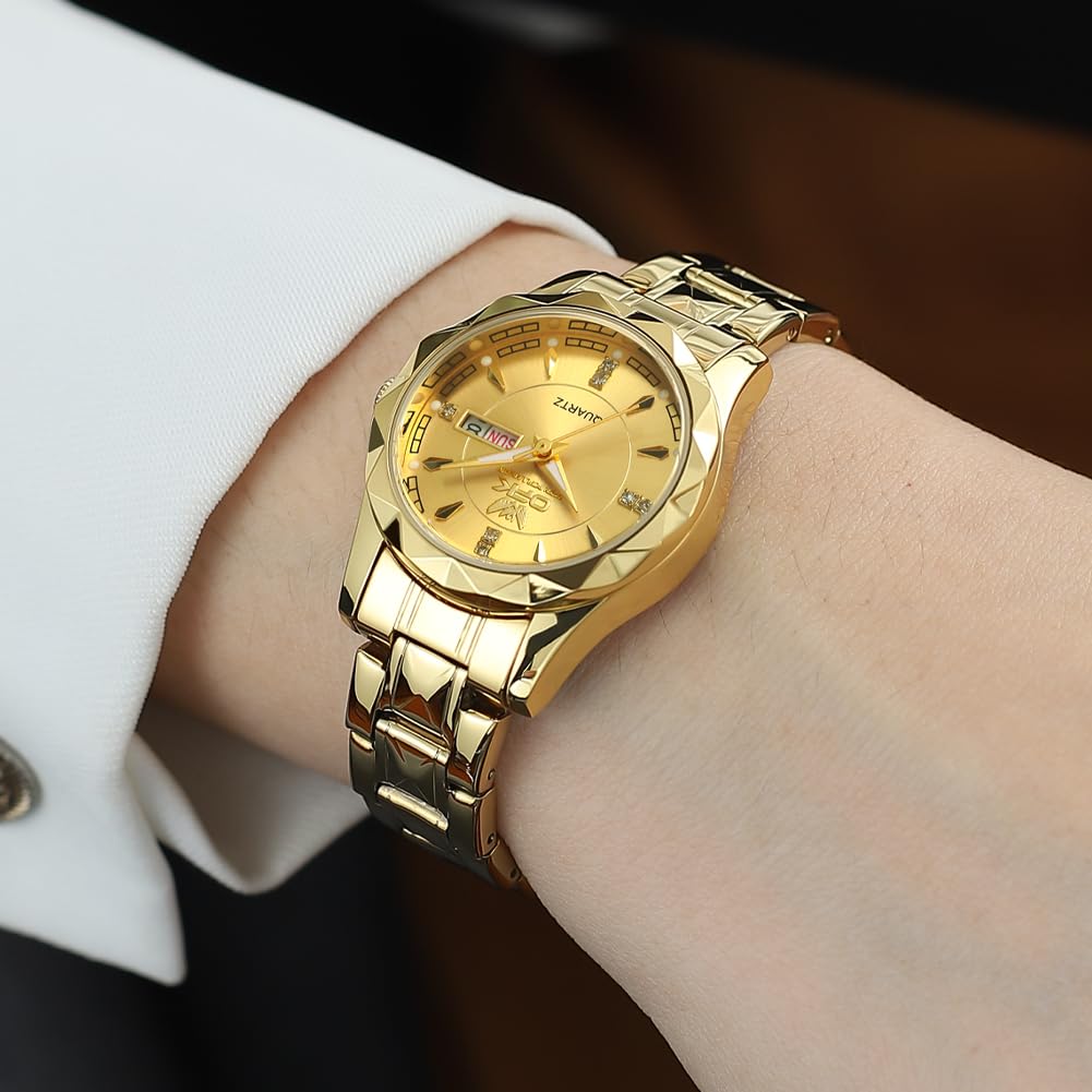 OPK Quartz Watch Easy to Gold Women's - Simple, Lightweight, Analog, Sunday/Date Function, Classic, Waterproof, Stylish, Cute, Elegant, Read,