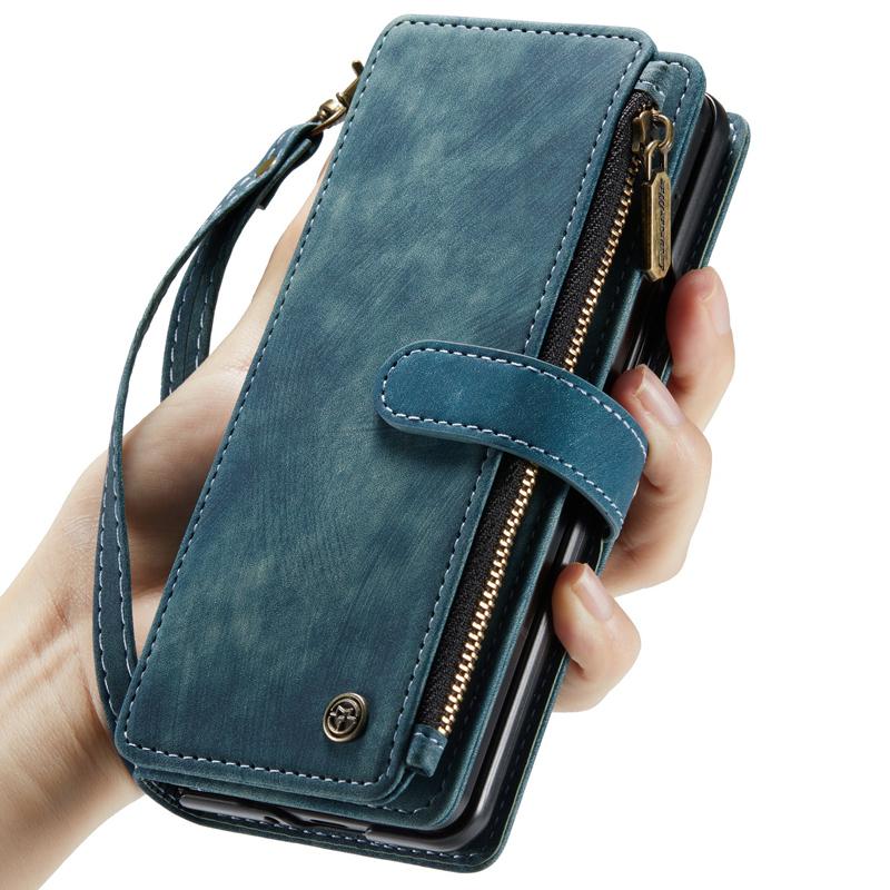 Business Retro Wallet Leather Flip Case For Samsung Galaxy Z Fold5 Fold 4 Z Fold 3 Coin Purse Zipper Wrist Strap