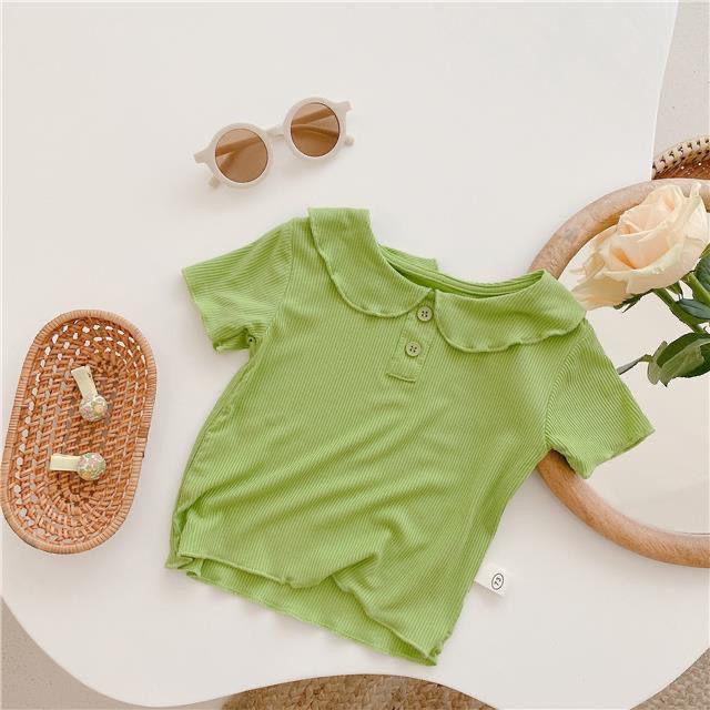Summer Girls' Ice Silk Peter Pan Collar Short Sleeve T-Shirt – Solid Color, Thin Style, Versatile Children's Top.